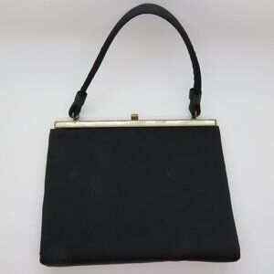 Vintage Handheld Black Satin Purse Bag After Five Mother Pearl Frame Top Handle